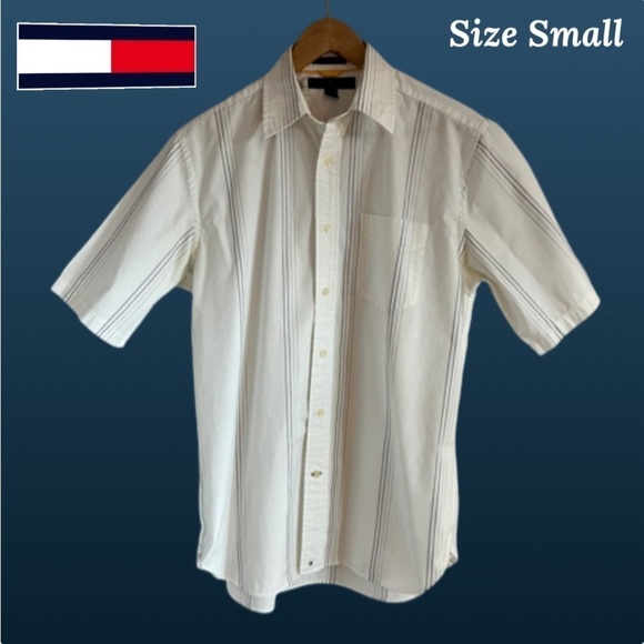 Tommy Hilfiger Men’s White Cotton Short Sleeve Shirt with Variegated Pin… - Picture 1 of 4